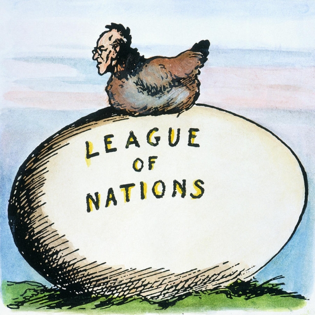 Cartoon of Woodrow Wilson hatching the League of Nations